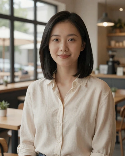 Verified Chinese woman Jia from Shenzhen smiling in a bright cafe