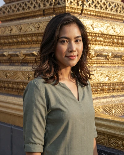 Thai woman Ploy from Bangkok standing near a golden temple at sunset