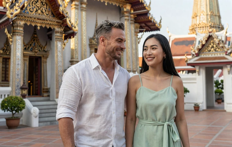 Cross-cultural couple smiling together at a Thai temple during their first meeting trip
